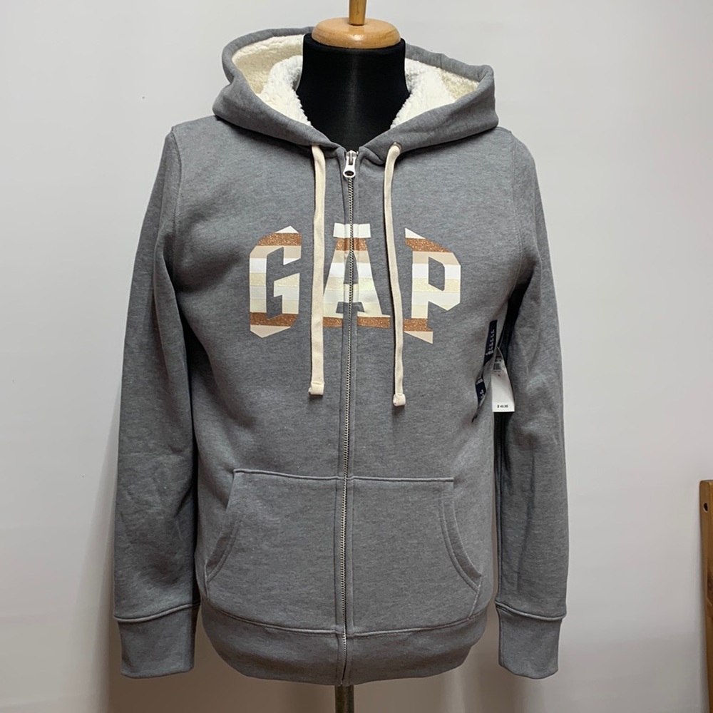 Women’s Gap Logo Grey Sherpa lined zippered hoodie Jacket New NWT Size S Small